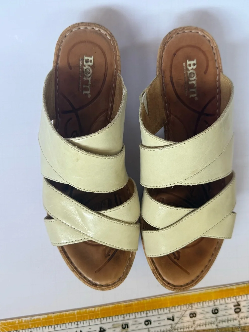 Born Cream Leather Cork Wedge Slide Sandals